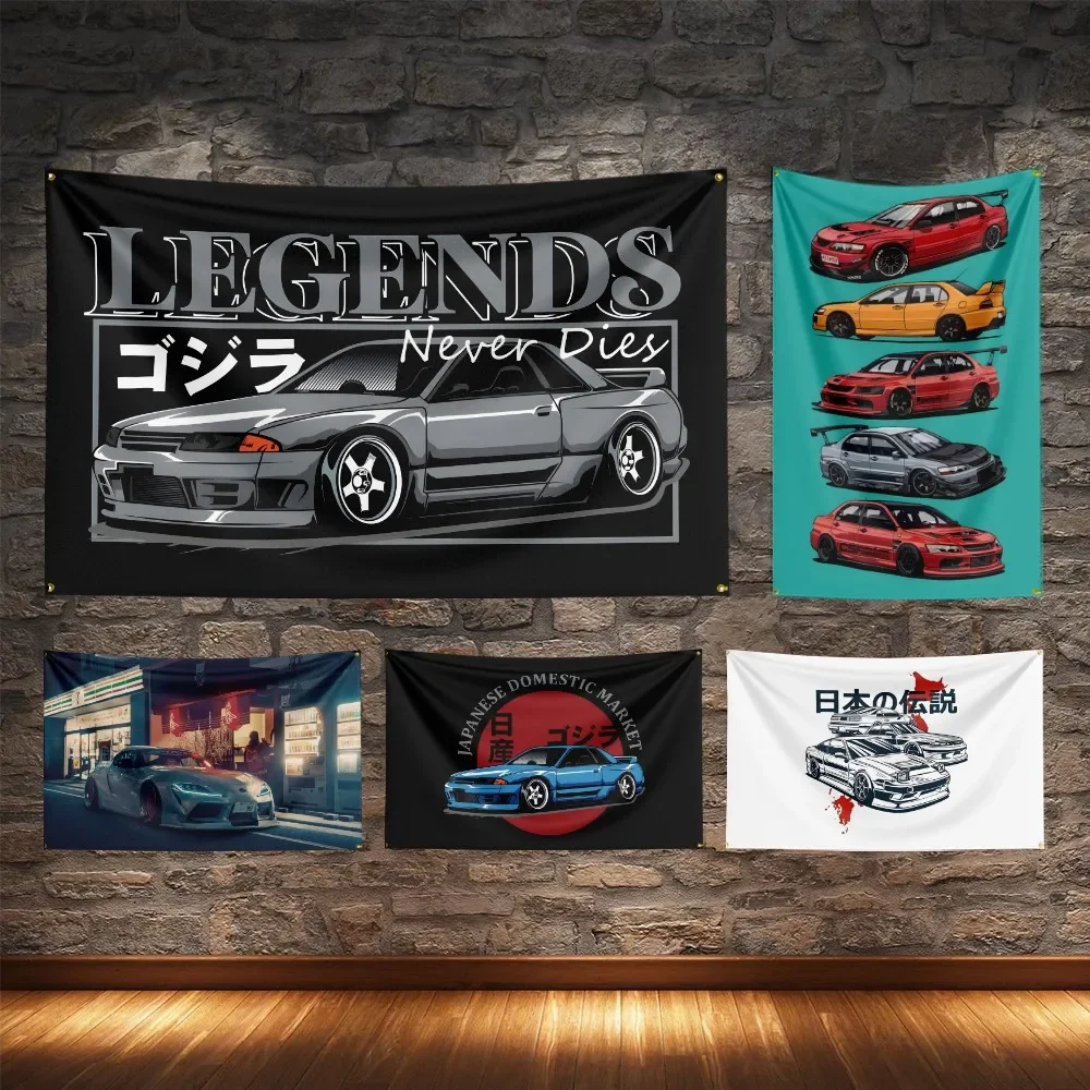 JDM اليابانية أسطورة سيارة العلم البوليستر الطباعة الرقمية سوبر سباق السيارات راية للزينة