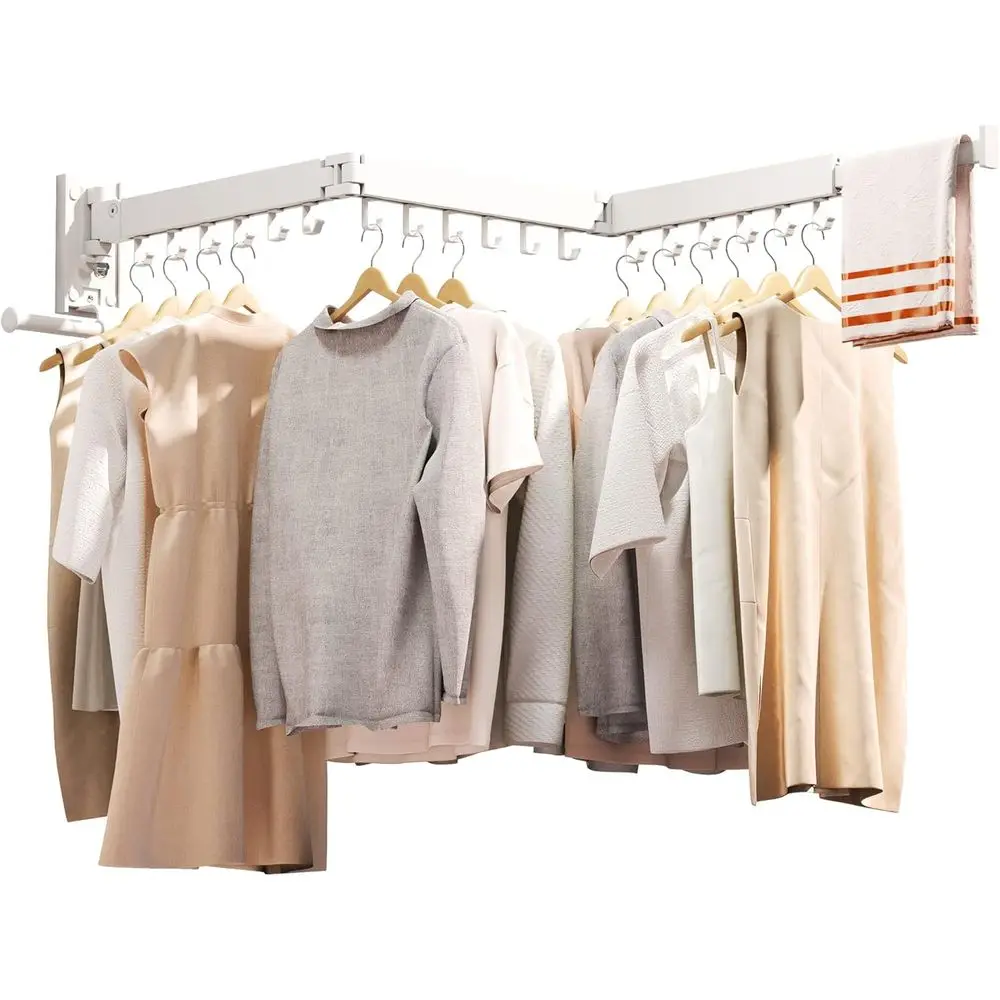 

Clothes Drying Rack, Wall Mounted Retractable Collapsible Tri-Fold, Space Saver, White