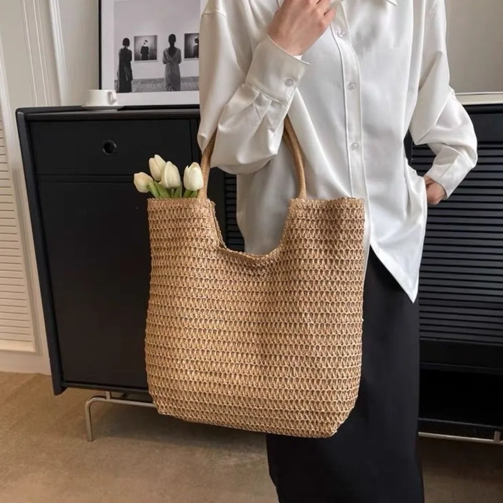 

Elegant Straw Hobo Bag Large Capacity Soft Crochet Mesh Tote Bag Versatile Underarm Bag Women Knitting Shoulder Bag Outdoor
