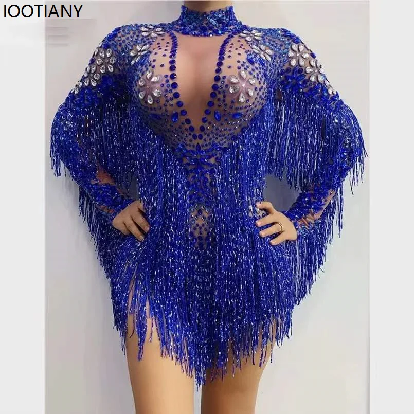 Birthday Celebration Dance Bar Female Singer Costume Adult Concert Blue Silver Rhinestone Tassel Tights Stage Performance Dress