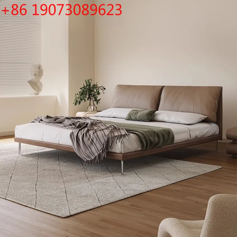 

Elephant ear leather bed Italian minimalist master bedroom bed retro solid wood soft bag bed modern minimalist flush edge
