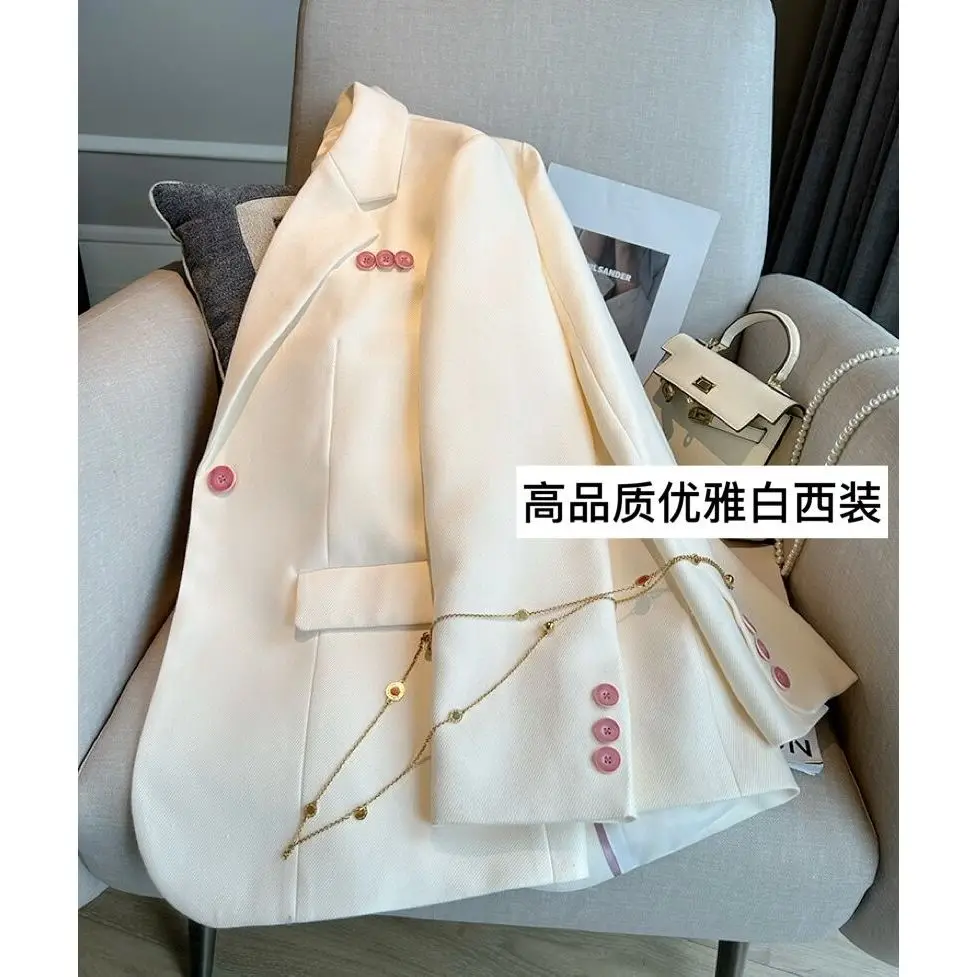 Pring 2023 New Style Temperament White Suit Coat Women\'s Fashion Casual Pink Button Casual Versatile Suit