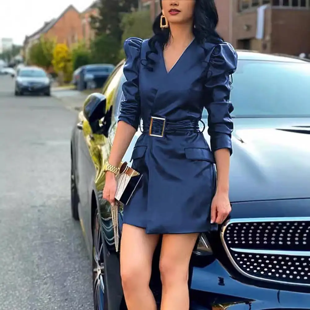 Женское мини-платье из искусственной кожи, элегантное платье с V-образным вырезом, рукавами-пузырьками и поясом на талии, для офиса, покупок, для поездок и осени