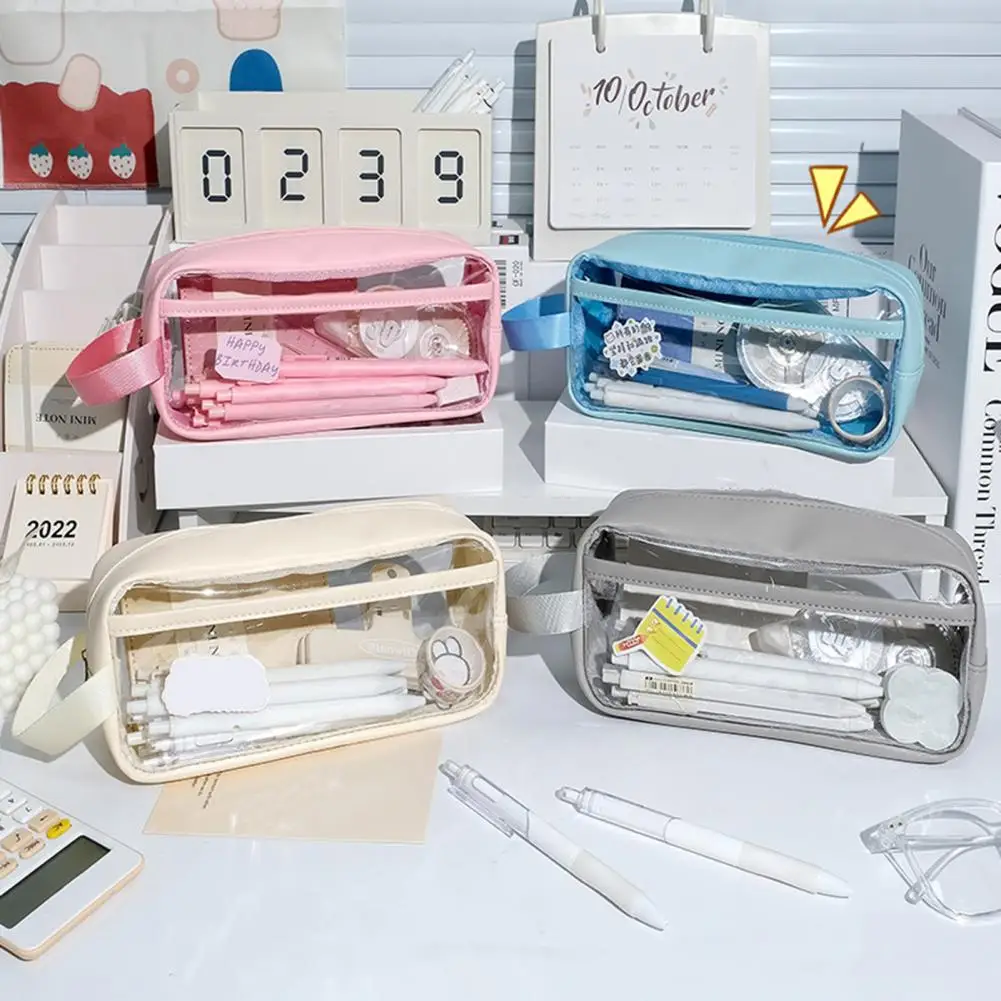 Pencil Case Large Capacity Double Layer Transparent Zipper Closure Waterproof Item Storage PVC Pencil Storage Bag Container