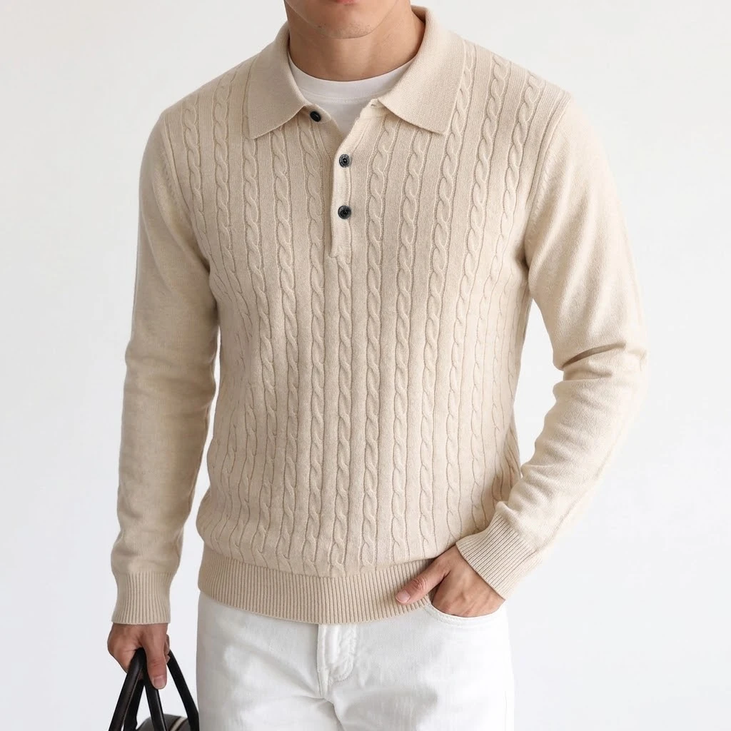 Neue Kabelstrick-Polopullover für Herren, Langarm, lässig, mit Knopfleiste, Vintage-Pulloverhemd, schmal geschnitten, gerippt, Winter-Reversoberteil – Detail 6