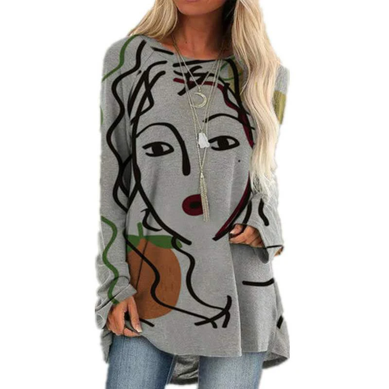 

Ladies Top Fashion Long Sleeve Autumn T Shirt Retro Portrait Printed Casual Loose Tops Large Size Women Clothes 2020 Harajuku