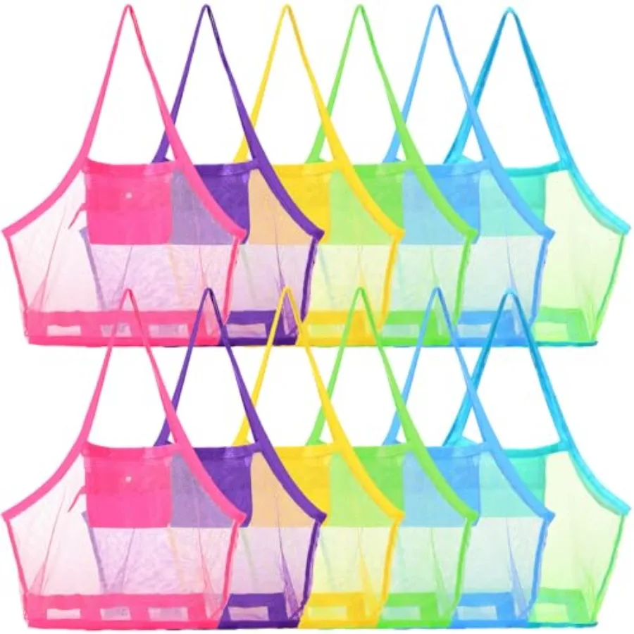 12 Pcs Summer Mesh Beach Bag Extra Large Beach Toys Gear Mesh Bag for Beach Foldable Mesh Beach Tote for Sand Toy Market Grocer