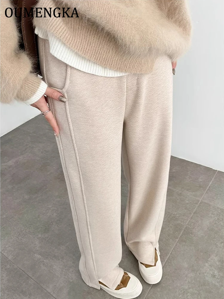 New Fashion High Waist Autumn Winter Women Woolen Pants Elastic Waist Quality Trousers Straight Type Soft Warm Trousers