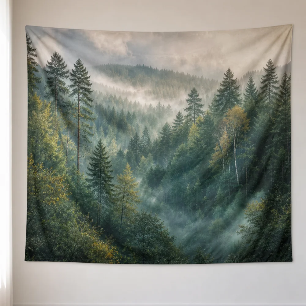 Grey white misty forest 150X100CM customizable printed tapestry suitable for living room fresh breeze wall background fabric