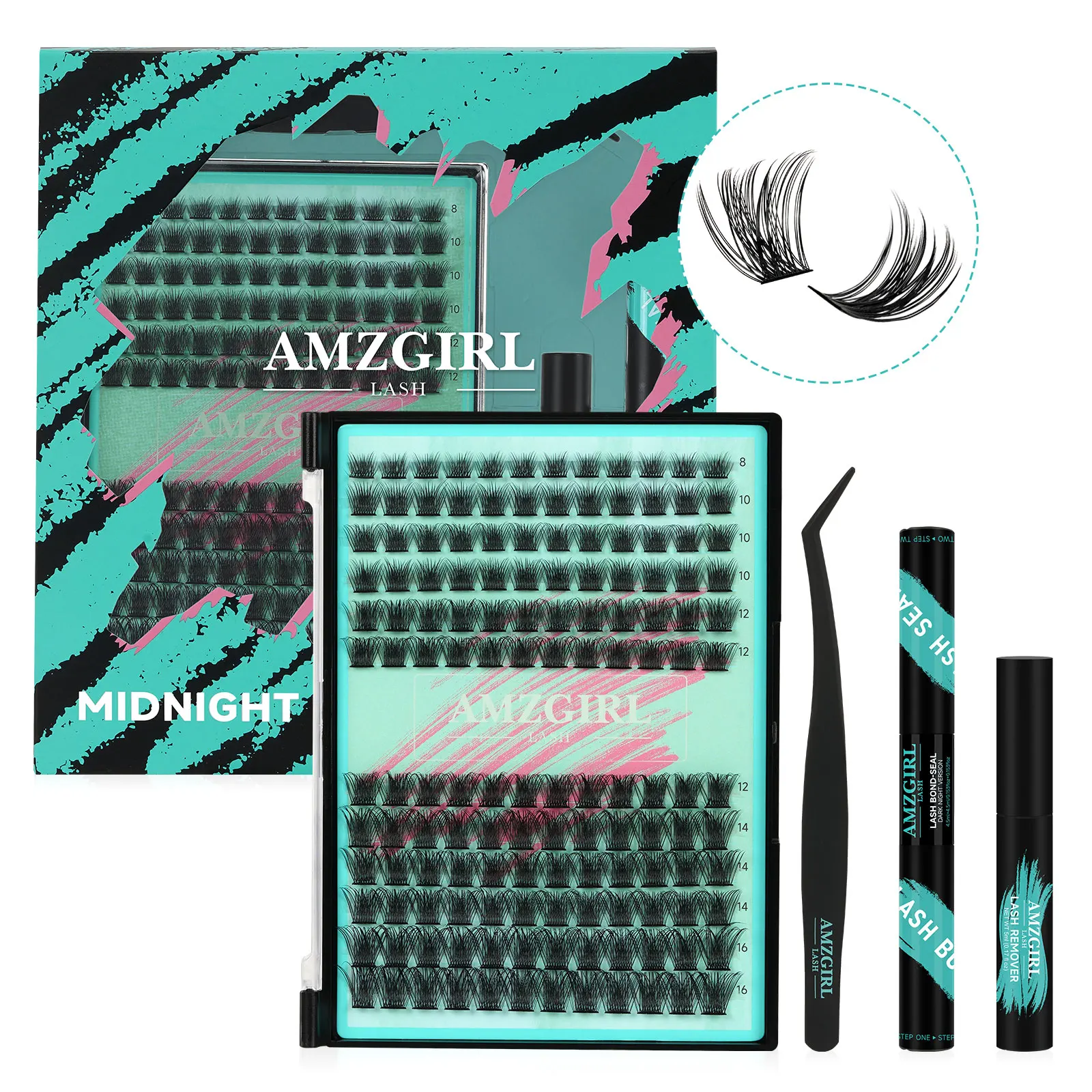 Amzgirl Lash 144pcs DIY Lashes Extensions Kit with Bond and Seal Tweezer and Remover Lash Kit DIY Cluster Lashes Fullfy Lashes