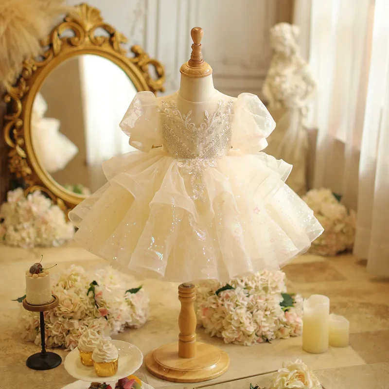 Bubble Short Sleeves Little Girl Bridesmaid Dress Wedding Children's Dresses Champagne Nobal Birthday Party Infant Girls Costume