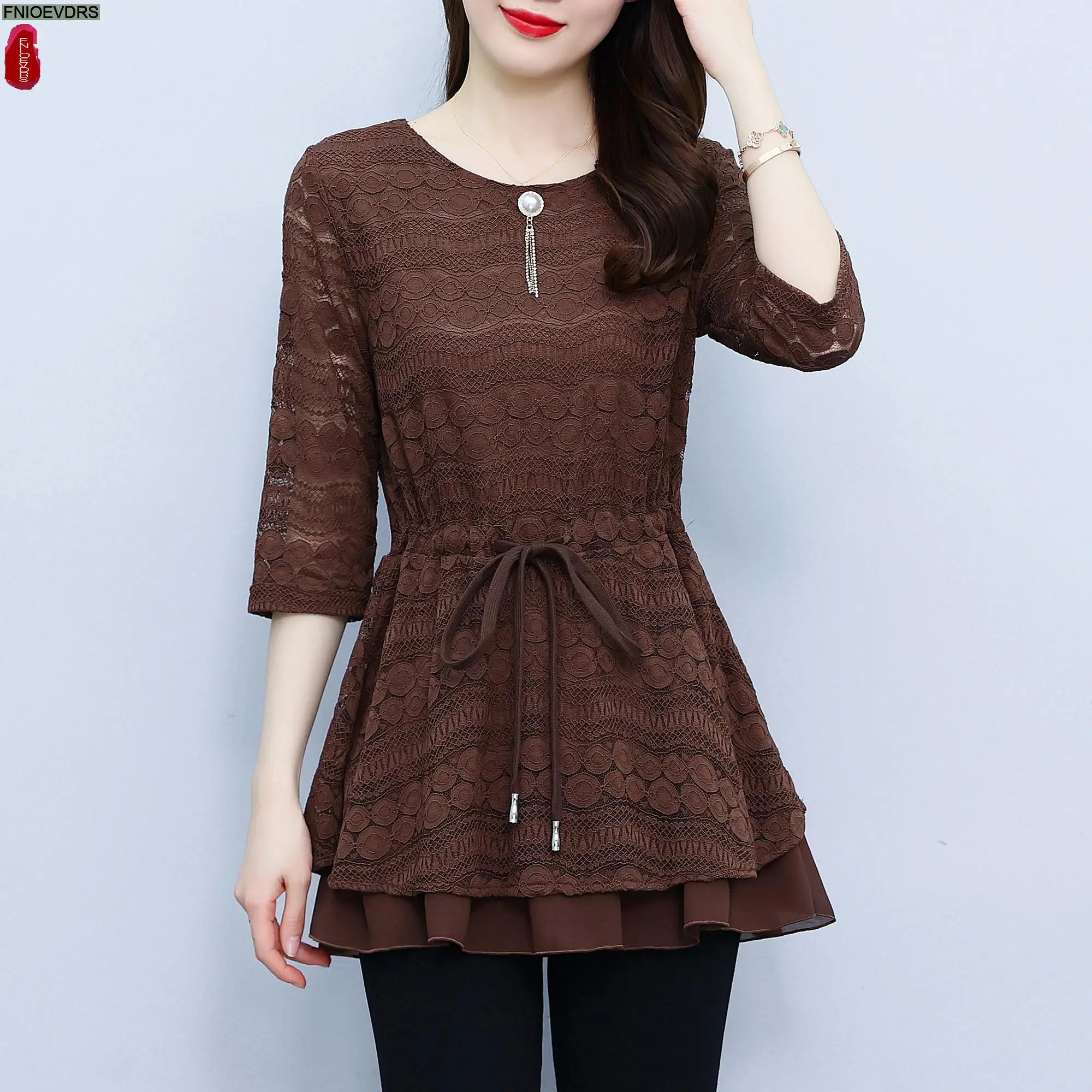 L-5XL Loose Clothes 2023 Women Summer Elegant Office Lady Work Black Lace Shirt Casual Slim Waist Tunic Peplum Tops And Blouses