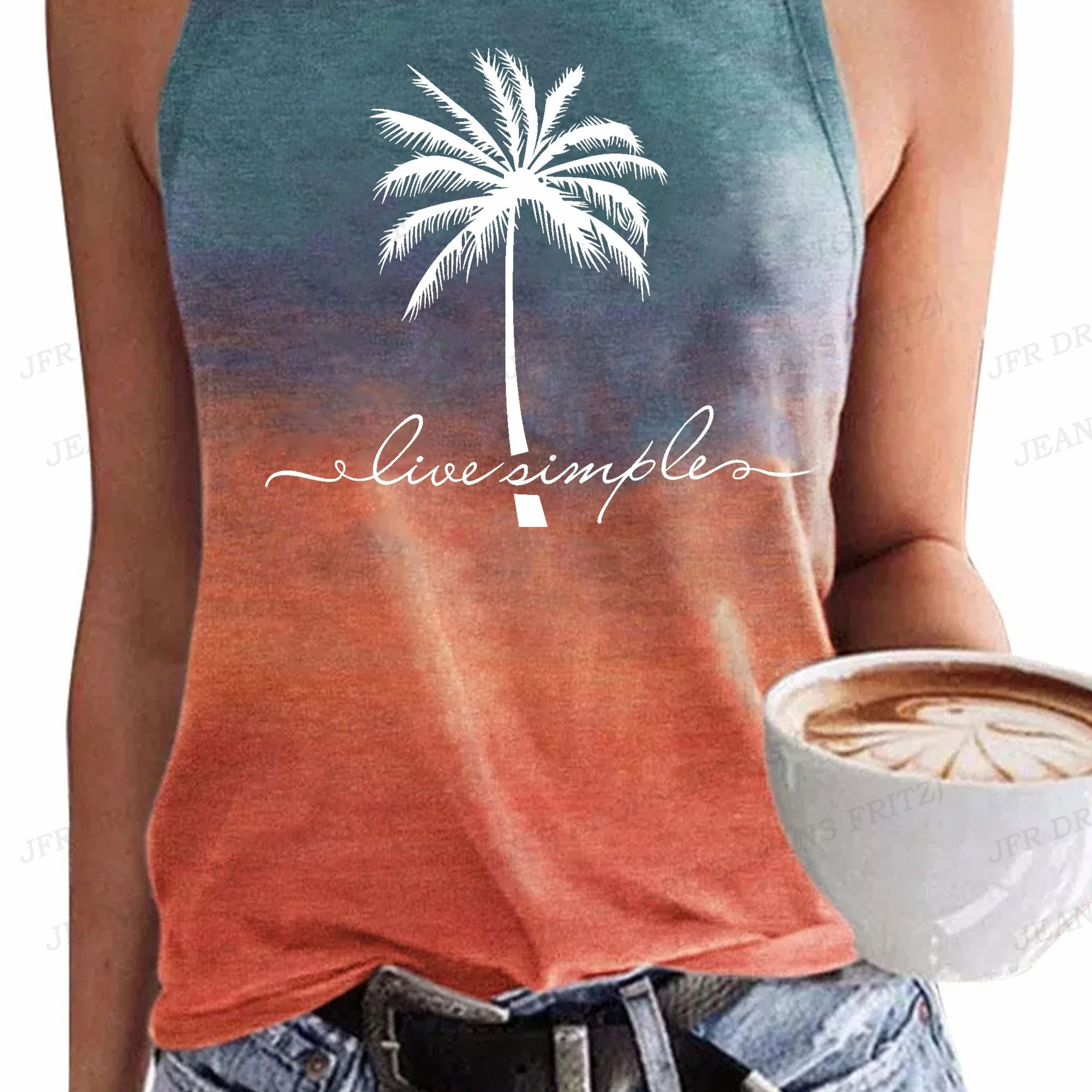 Coconut Tree Graphic Print Sleeveless Tank Tops Women Fashion Vest Letter Tanks T-shirt Casual Crew Neck Tops Tees Girl