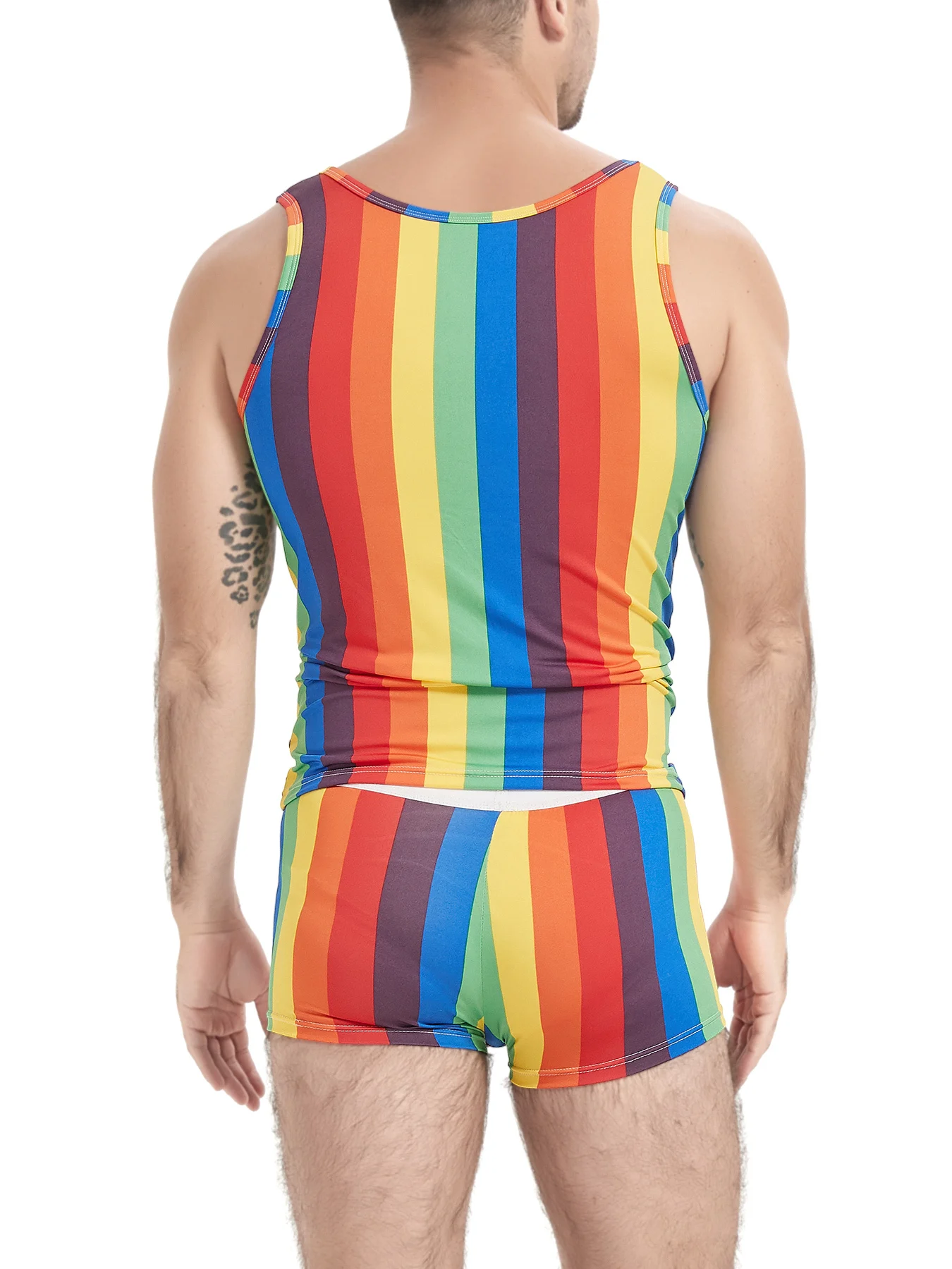 2-piece men\'s rainbow striped pajamas suit sleeveless sports and fitness vest in summer and tight sexy shorts suit at home.