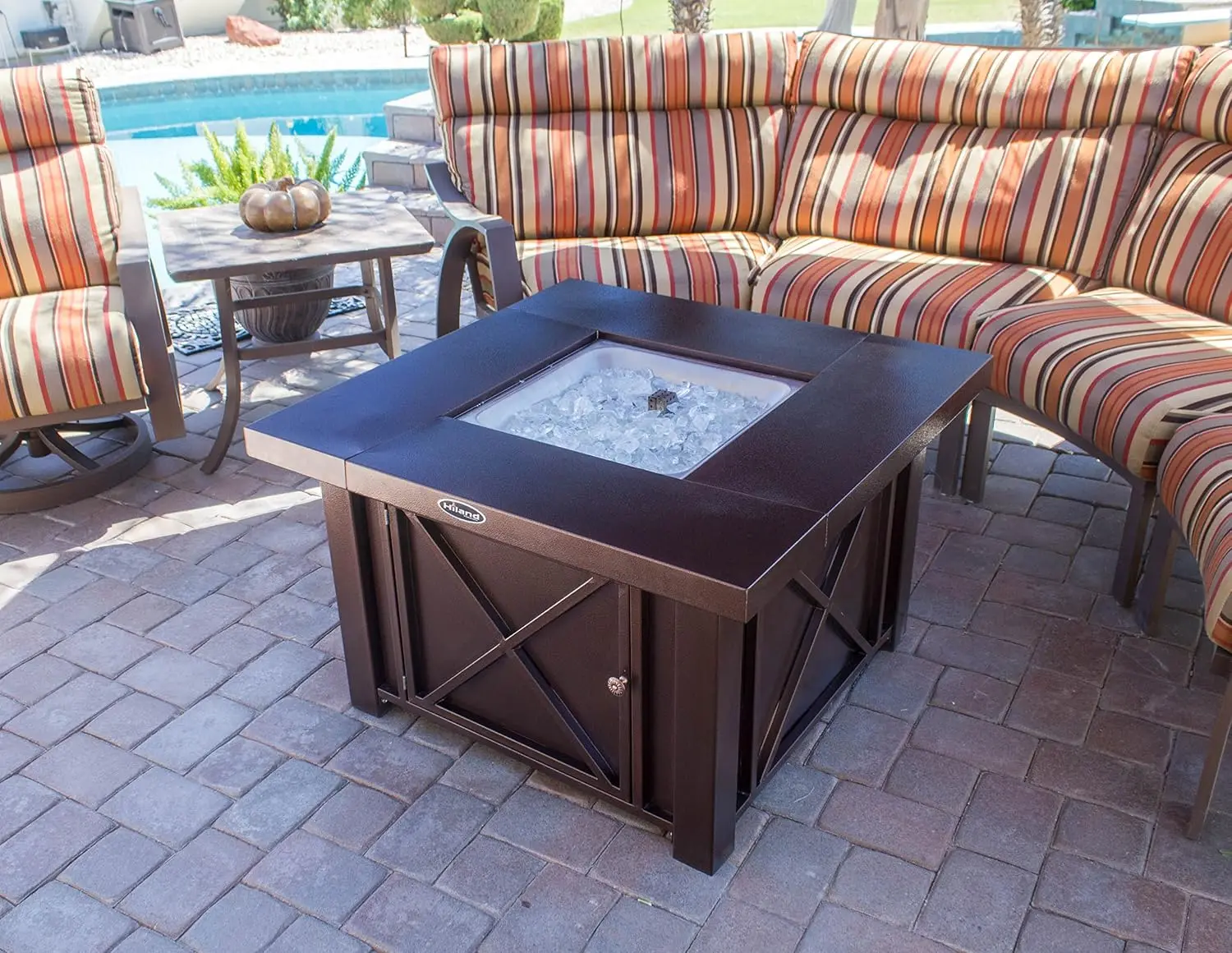 38'' Square Propane Fire Pit Table w/Lid, Fireglass Included, Regulator and Hose, 40,000 BTU, Decorative Crossbars, Bronze
