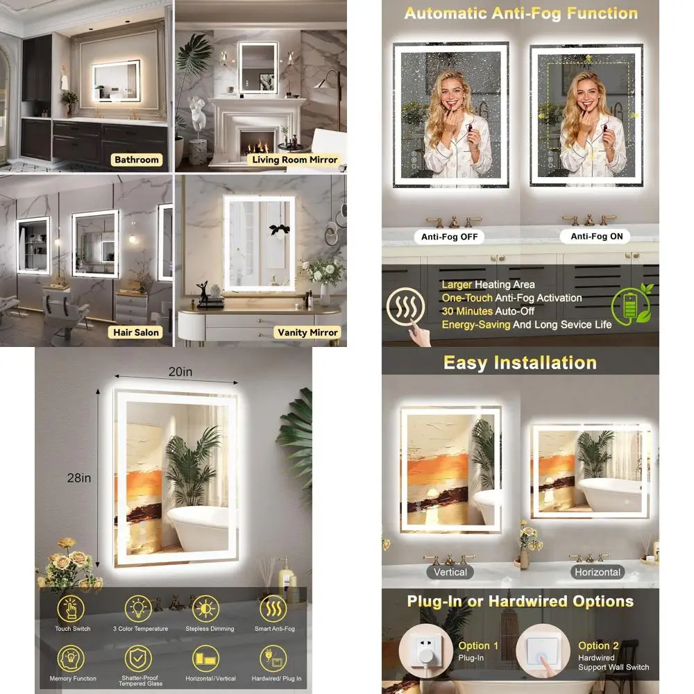 

20x28 LED Illuminated Bathroom Mirror, High Brightness Front and Back Lighting, Anti-Fog and Smart Memory, 5mm Tempered Glass, E