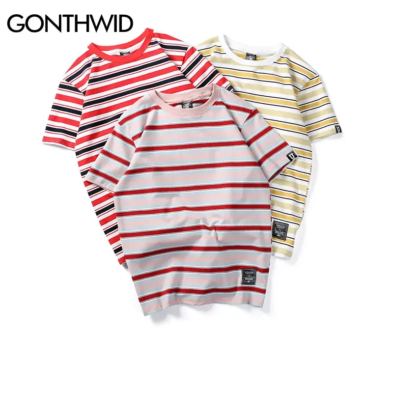 GONTHWID Harajuku Stripe T Shirts Men/Women Hip Hop Casual Cotton Short Sleeve Tops Tees Summer Fashion Tshirts Black Red Pink