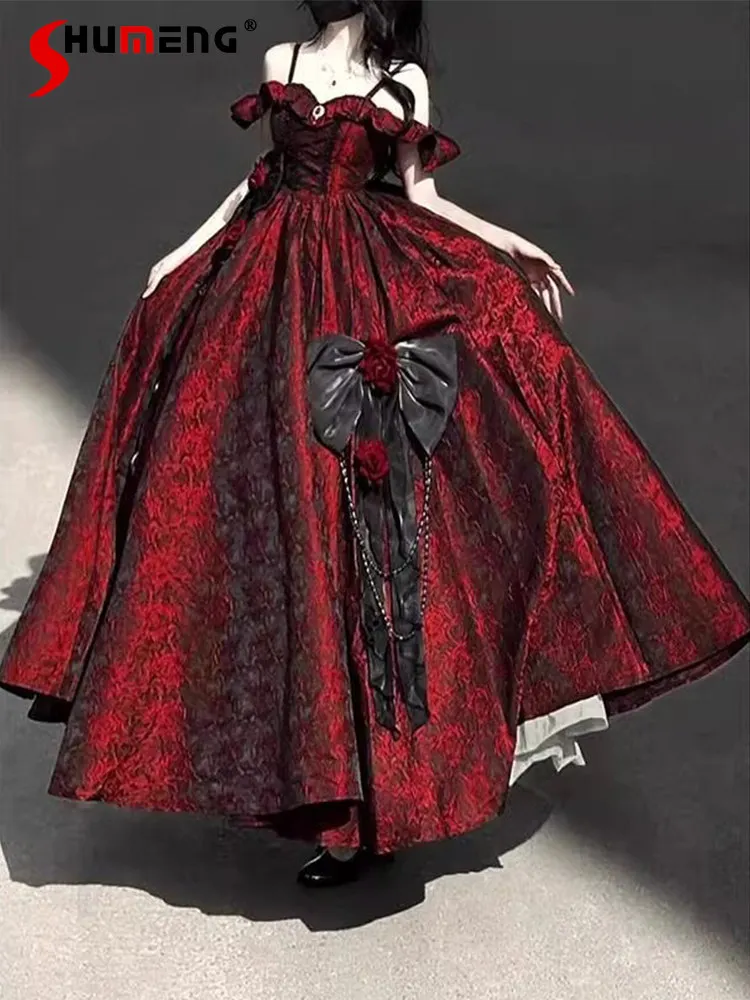 

Sweet Lolita Style Evening Dress for Women Elegant Princess High-end Black and Red Ball Gown Lady Vintage Long Dresses Summer