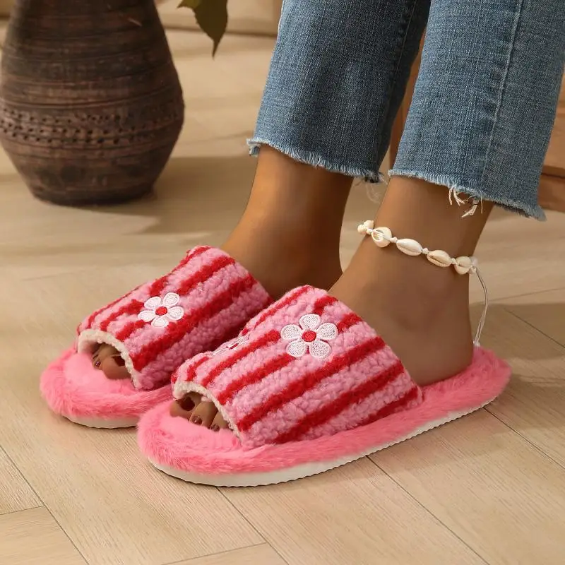 Herbstliche koreanische gestreifte Plüsch-Baumwoll-Hausschuhe für Damen – Patchwork-Fleece-Schuhe mit weicher Sohle, offene Zehenpartie, warme Fell-Hausschuhe, Größe 45 – Detail 5