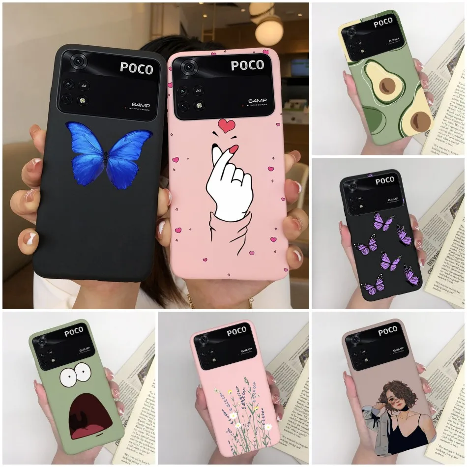 Case For Poco M4 Pro 4G 5G Cute Heart Butterfly Flower Back Cover Soft Silicone Matte Protective Funda For Xiaomi Poco M4 5G