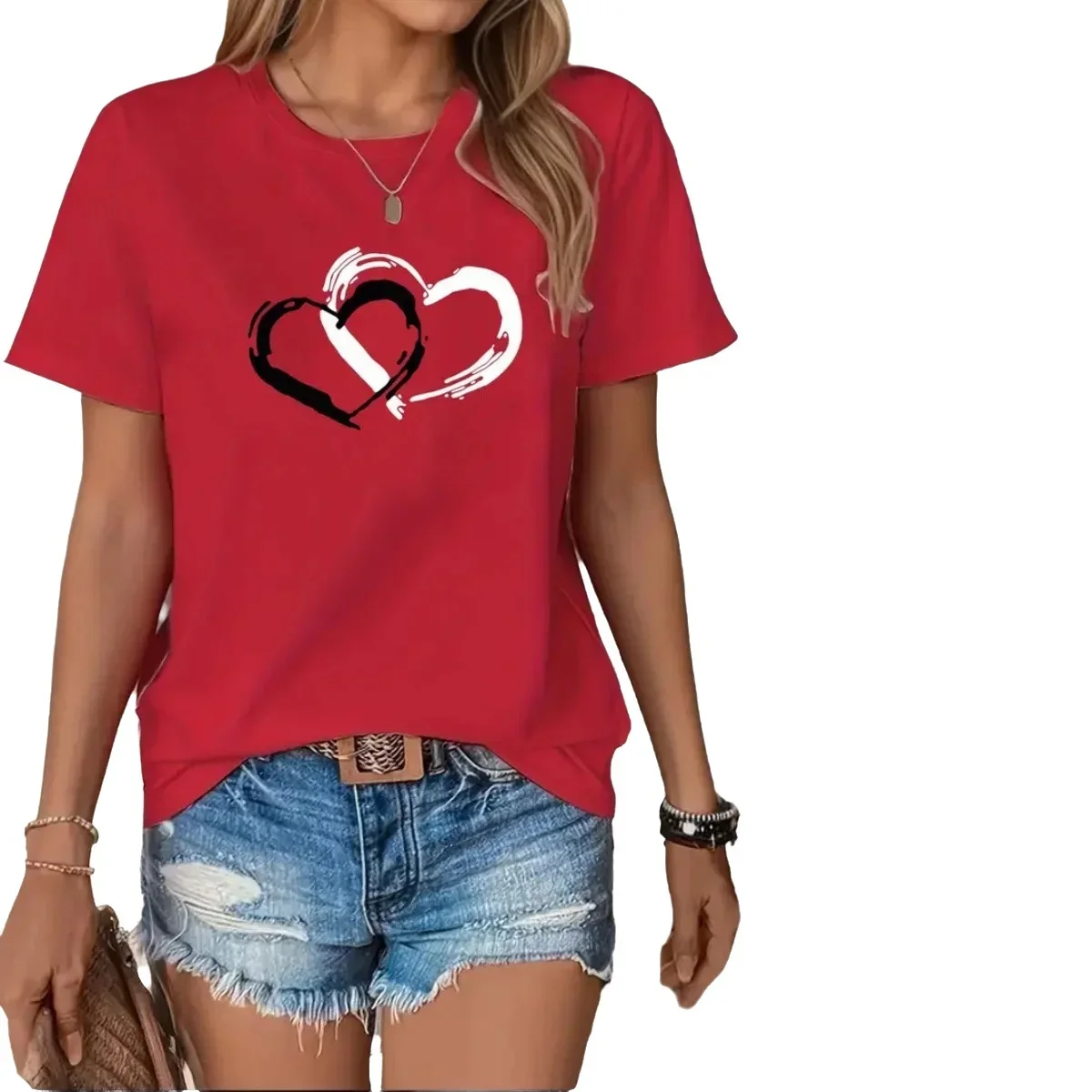 

2025 Summer New Popular Printed Series Heart-Shaped T-Shirt Red Personalized Fashion Trendy Short-Sleeve for Men and Women