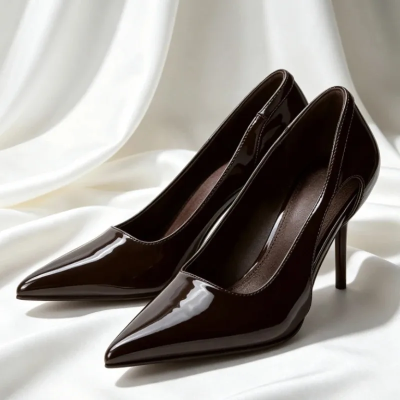 Luxury Designer Patent Leather Brown High Heels for Ladies Sexy Pointy Toe Side Hollow Women Pumps Comfort Office Formal Shoes