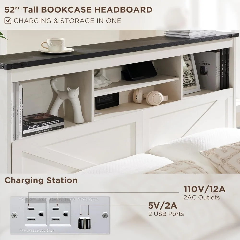 King Size Wood Bed Frame with 52" Tall Storage Headboard and 4 Drawers,LED Light,Charging Station,Solid Wood Slats Support