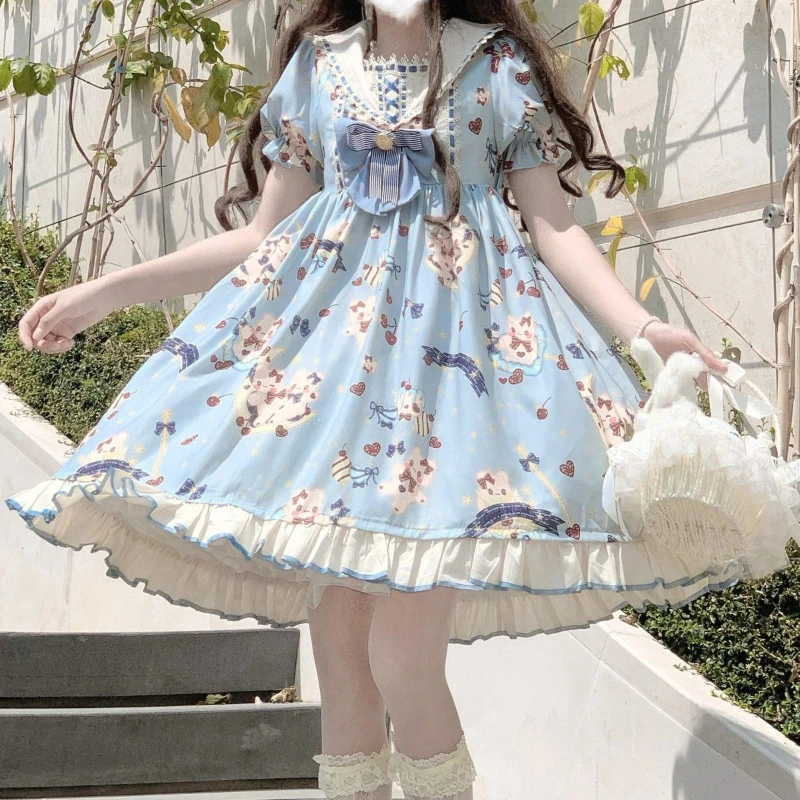 Japanese Vintage Lolita Princess Dress Women Sweet Bow Kawaii Dresses Girly Short Sleeved Party Mini Dress Large Size 4xl 150kg