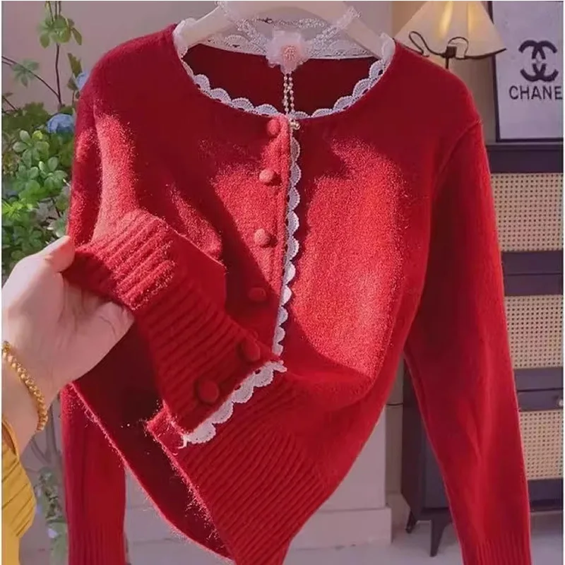 Kant Kanten Trui Jas Dames Lente Herfst Jas Nieuw Gebreid Vest Single-breasted Lange Mouw Gebreide Trui Vrouwelijke Tops