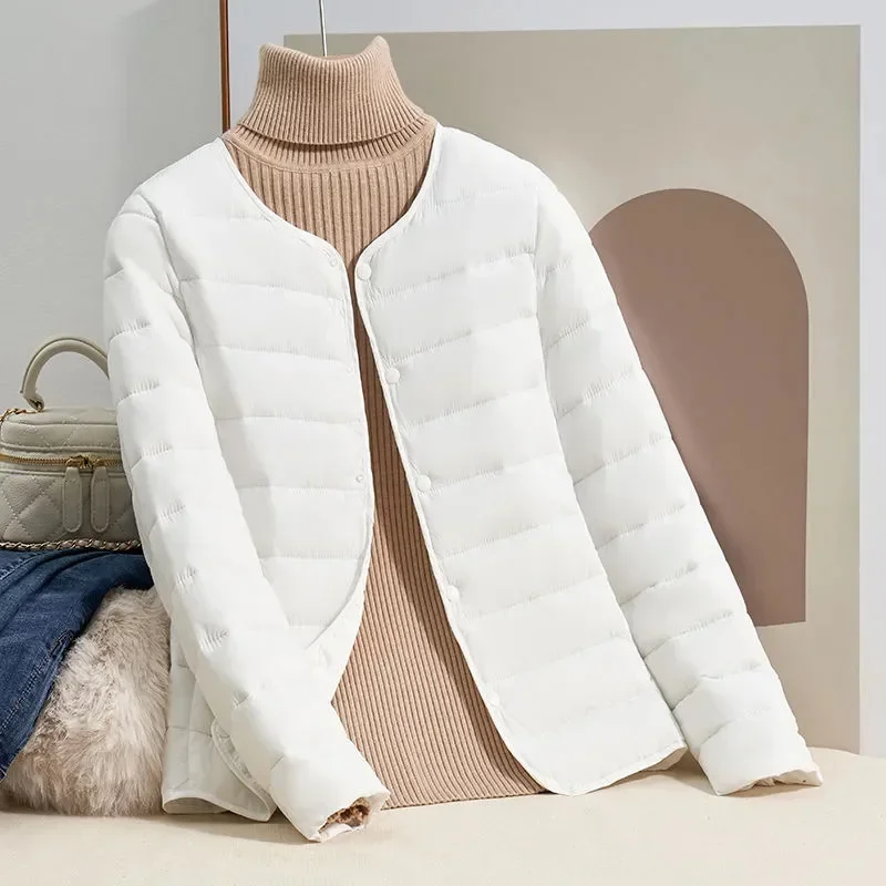 Autumn Winter O neck Down cotton Jacket For women's Light Thin Long sleeved Warm Coat Female Short Casual Cotton Outwear Tops