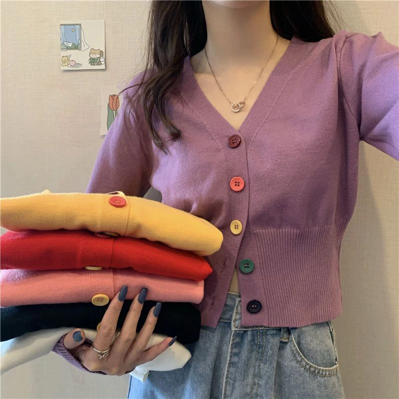 Chic Rainbow Buttons Cardigan Women Casual Long Sleeve V Neck Sweet Knitted Sweaters Korean Fashion Loose Soft Short Cardigan