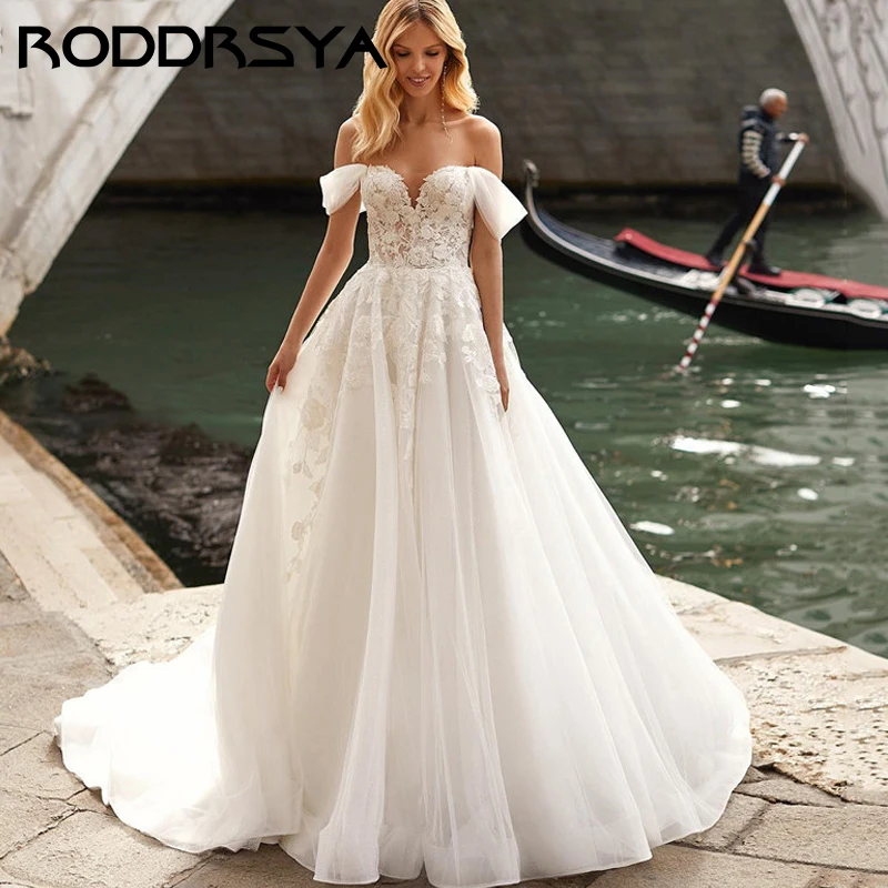 RODDRSYA romantico Tulle Applique a-line abito da sposa Sexy senza spalline con spalle scoperte festa della sposa semplice Lace Up Back Trouwjurkromantico Tulle Applique a-line abito da sposa Sexy senza spalline con sp