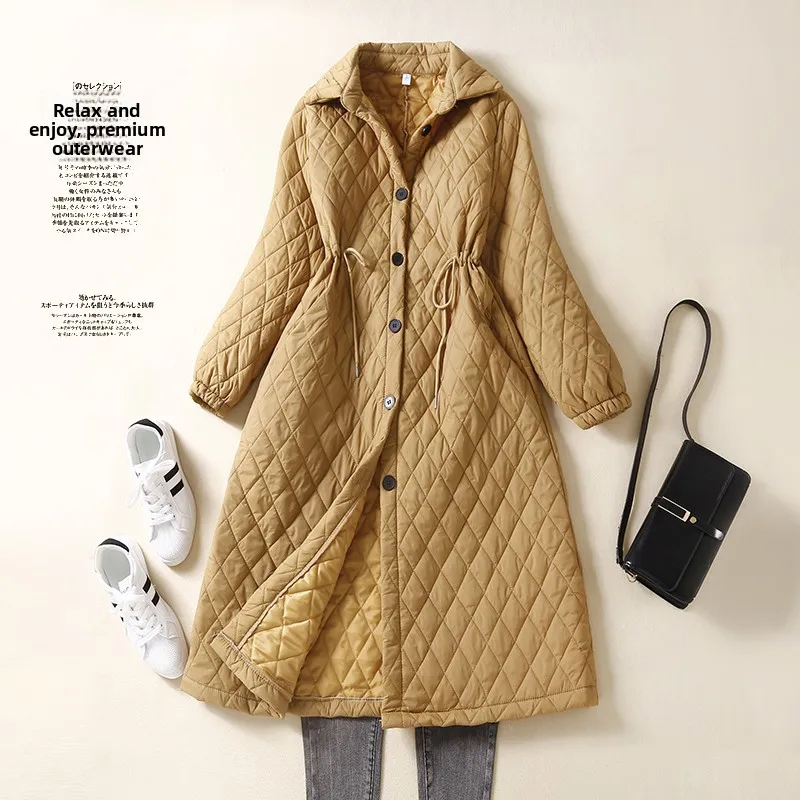 

Loose Women's down Cotton Jaet Middle-Length Design Waist-Cinching Diamond Pattern Korean Sle Long Sve Coat