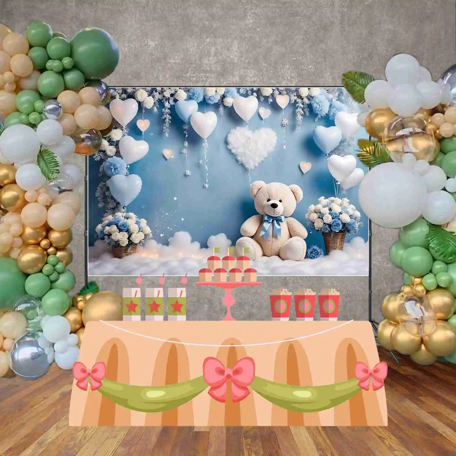 MOON.QG Teddy Bear One Birthday Photocall Backdrop Girls Boys Blue White Balloon Draping Cloth Flower Background 3D Party Props