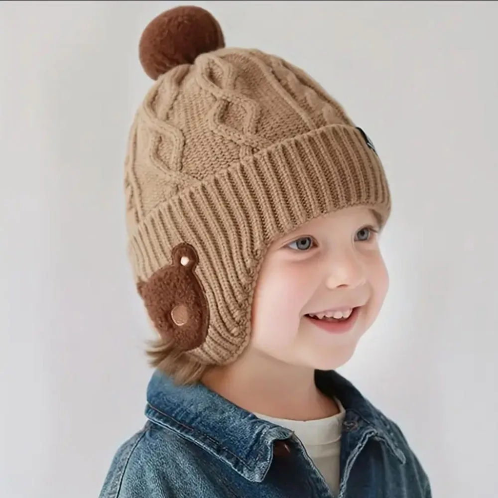 Kids Cartoon Beanie Hat with Pom & Earflap - Acrylic Knit Cap for Boys Girls, Breathable, Daily Casual Fall/Winter Birthday