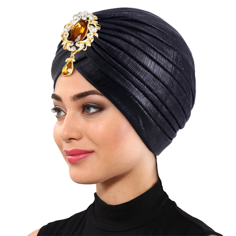 Fashion Ladies Diamond Jewel Turban Hats For Women Chemo Bandana Hijab Headwear Pleated Indian Cap Turbante Hat