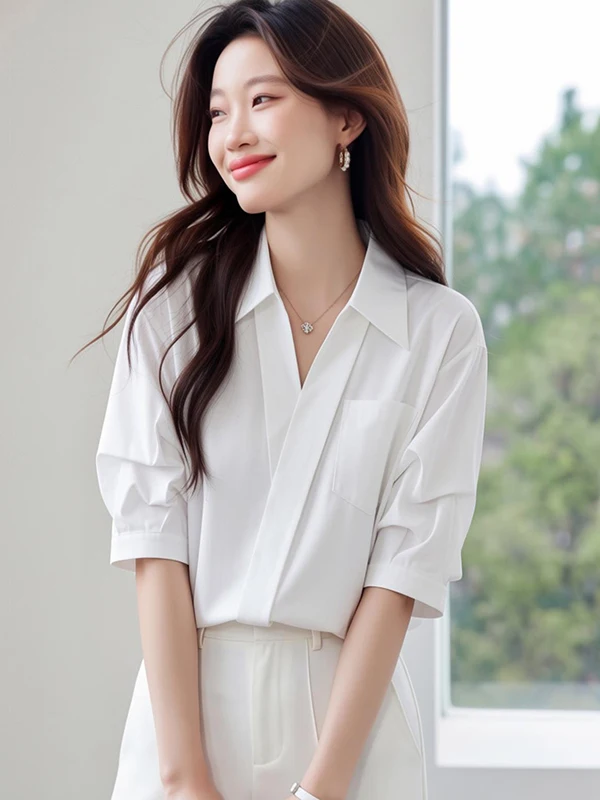 

Уникальная женская модная блузка с коротким рукавом и V-образным вырезом, дизайн 2026 года, для работы и собеседований, из мягкого шелкового материала