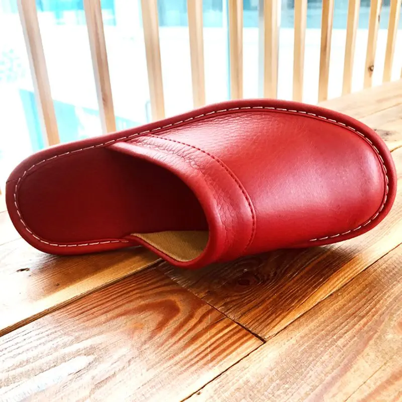 Inexpensive leather house slippers mens indoor slides shoes big size 47-48 man mules closed toe slippers unisex couple shoes