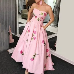 Chic Sexy Strapless Hollow Hem Party Dress Women Spring Floral Print Pocket A-Line Dress Summer Off Shoulder Backless Long Dress
