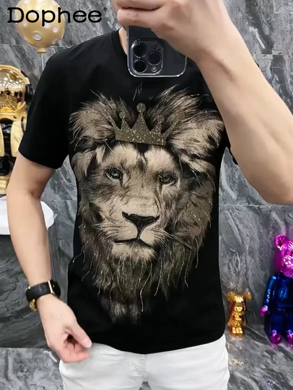 

Men's 2024 Summer T-Shirts Round Neck Rhinestone T-shirts Short Sleeve Casual Fashion All-Matching Slim Fit Handsome T-shirt