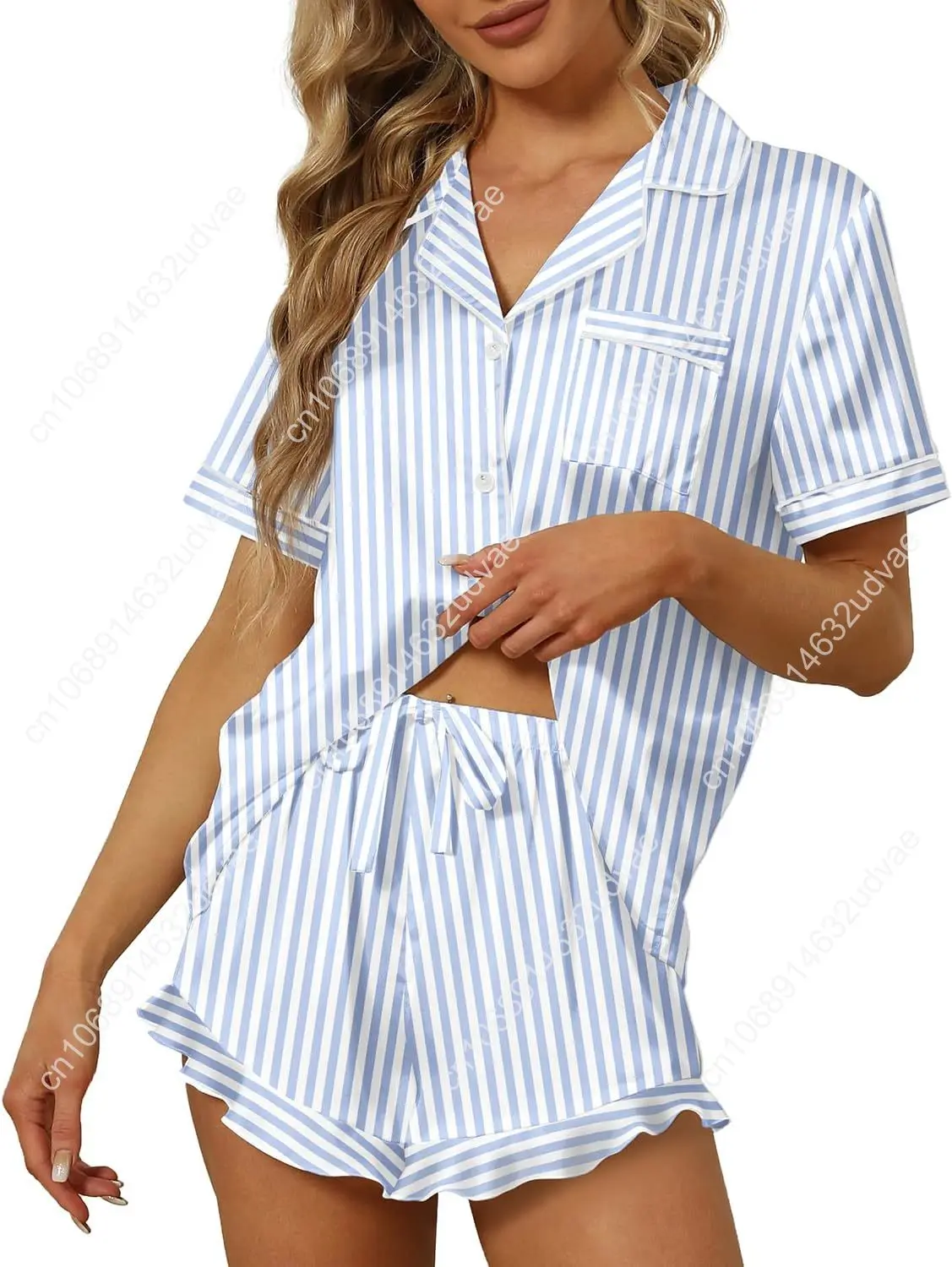 

SAPJON Satin Silk Pajamas for Women 2Pcs Ruffle Notch Collar Sleepwear Button Down Short Sleeve Shorts Pjs Set Loungewear