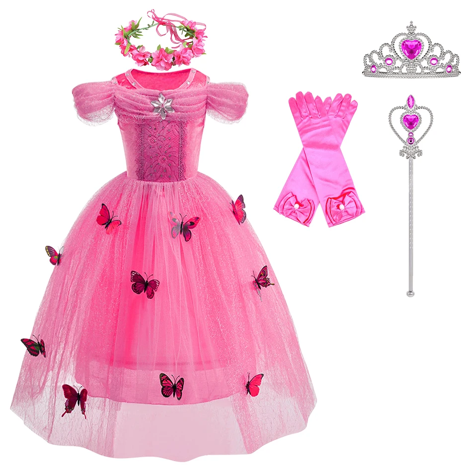 Cinderella Cosplay Little Girls Layered Dress Summer Carnival Birthday Party Pink Bubble Sleeve Butterfly Decorate Princess Gown