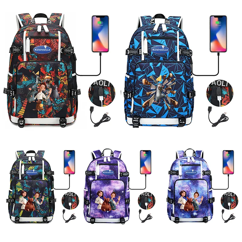 

Ratatouille Multifuction Boys Students Schoolbag Large Capacity Laptop Bag Waterproof USB Charging Backpack Outdoor Camping Bag