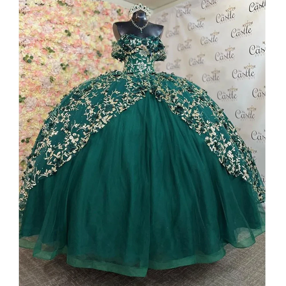 ANGELSBRIDEP Vestido para quinceañeras verde esmeralda, apliques florales con hombros descubiertos, vestido de princesa de encaje, vestido Formal de fiesta dulce 15