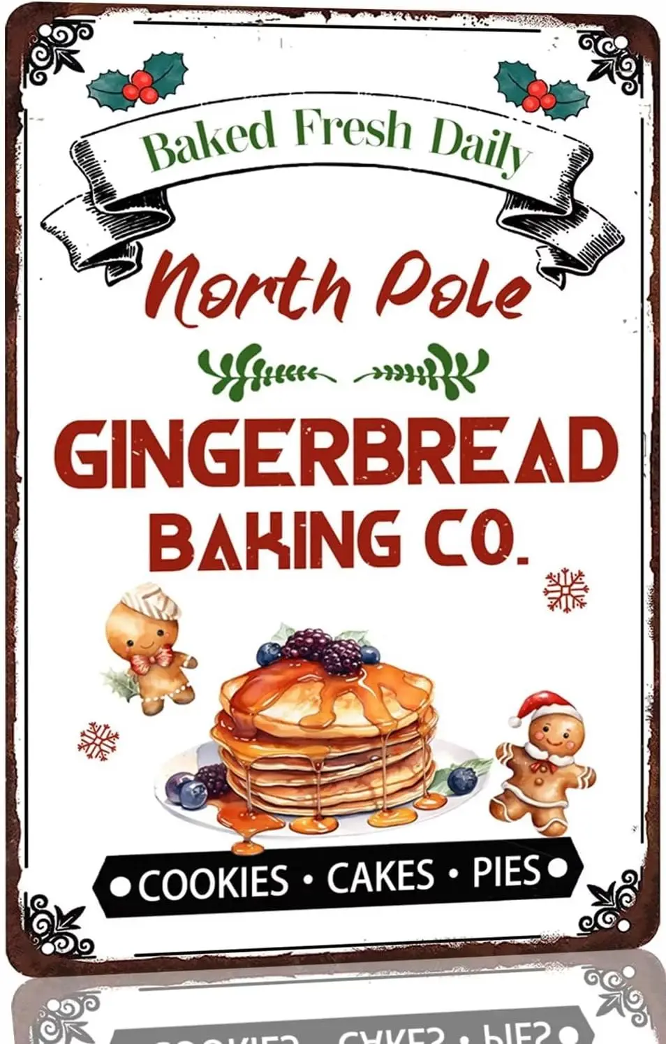 Letrero Metálico Vintage de Panadería Navideña con Temática de Galletas y Pasteles de Jengibre del Polo Norte, con la Lema 'Baked Fresh Daily', para Panaderos y Festividades