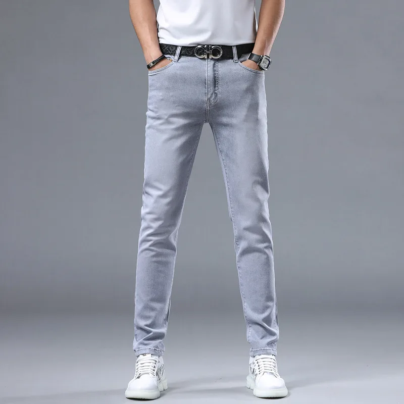 Jeans skinny, simplicity slim fit masculino, calça casual, elástico, combinando com tudo, cinza claro, moda de luxo, novo, primavera, 2022