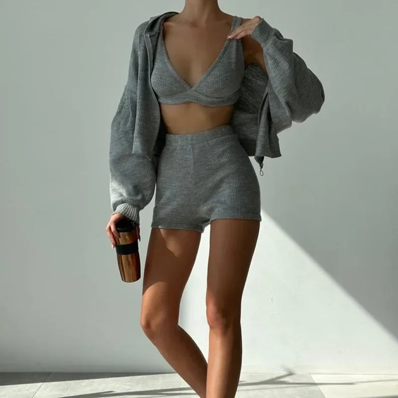 Sporty Concise 3 Pieces Women Sets Basic Bras + Elastic Waisted Shorts + Hooded Zip Up Coats New Fashion Autumn Outfits