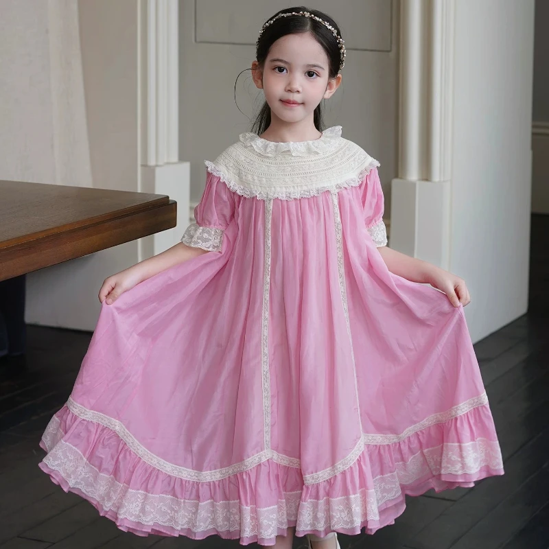 2026 Children Sweet Pink Lace Patchwork Tencel Dress Kids Girls Puff Sleeve Princess Long Gown Birthday Party Banquet Costume