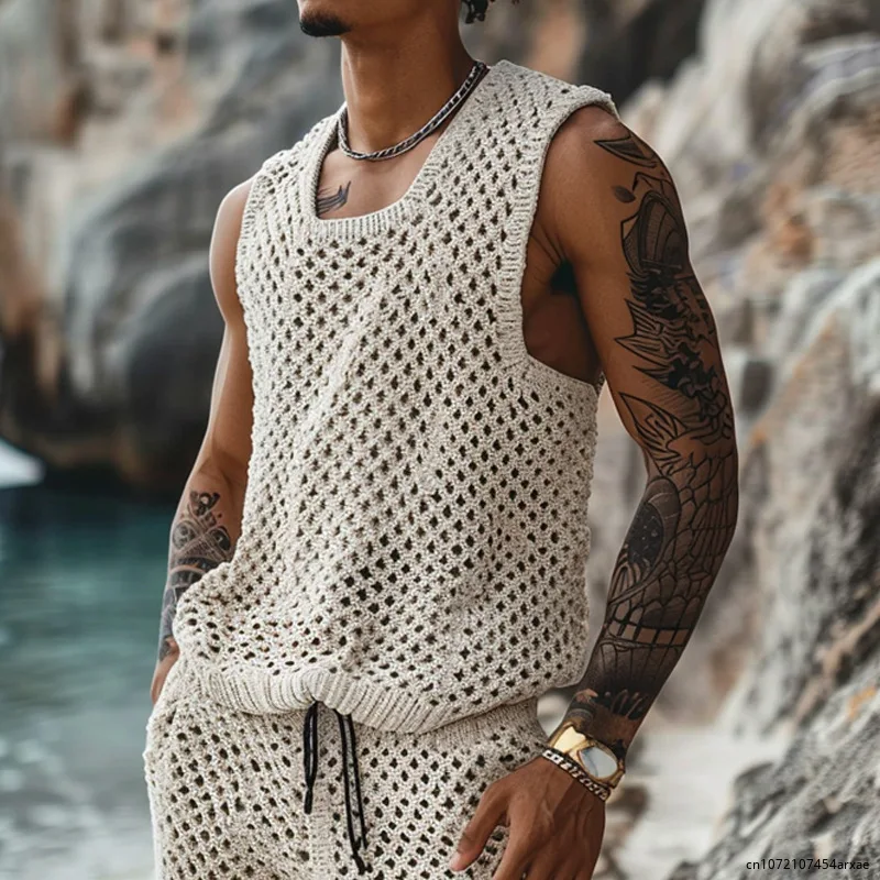 Men's Knitted Sweater 2 piece Sleeveless Tops Loose Casual Fashion Streetwear Men Solid Color Hollow Out Sweater Vest