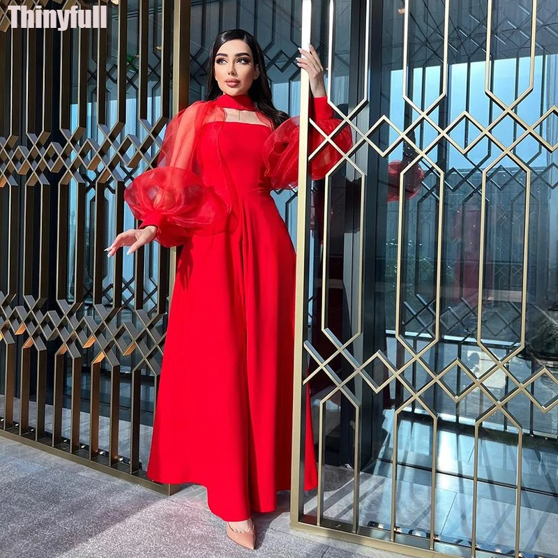 

Thinyfull Saudi Arabia Red Prom Dress Long Puffy Sleeves Satin Tulle Evening Party Dresses Formal Occasion Gown Robe De Soirée